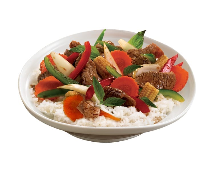 Thai Express basil stir fry steamed rice carrots baby corn green red bell peppers beef in white bowl
